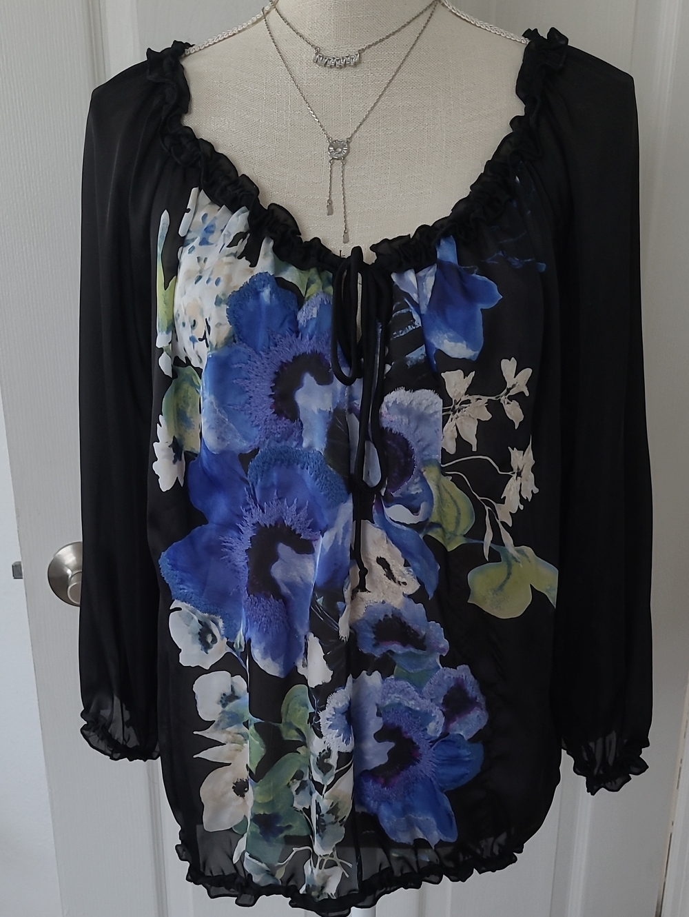 White House Black Market Floral Peasant Blouse with Blue Floral Embroidery